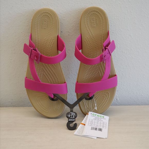 Crocs 206108-6TH Women's Sz 9 Fuchsia Fun/Tan Tulum Toe Post Sandals - Picture 1 of 8